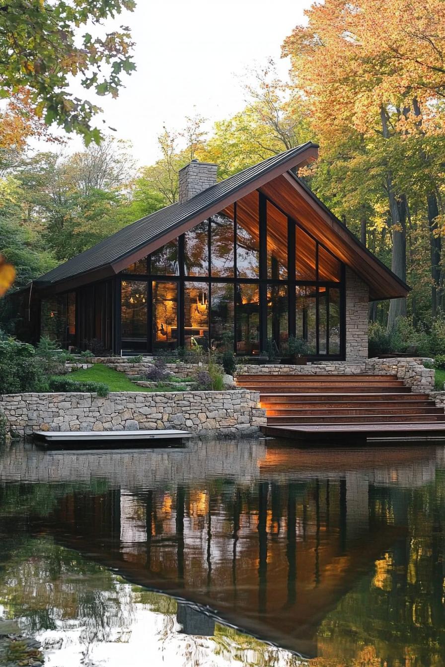 modern lakefront house with gabled roof full wall windows stone bank with stairs down to the lake dock the house gets plenty of shade by 2