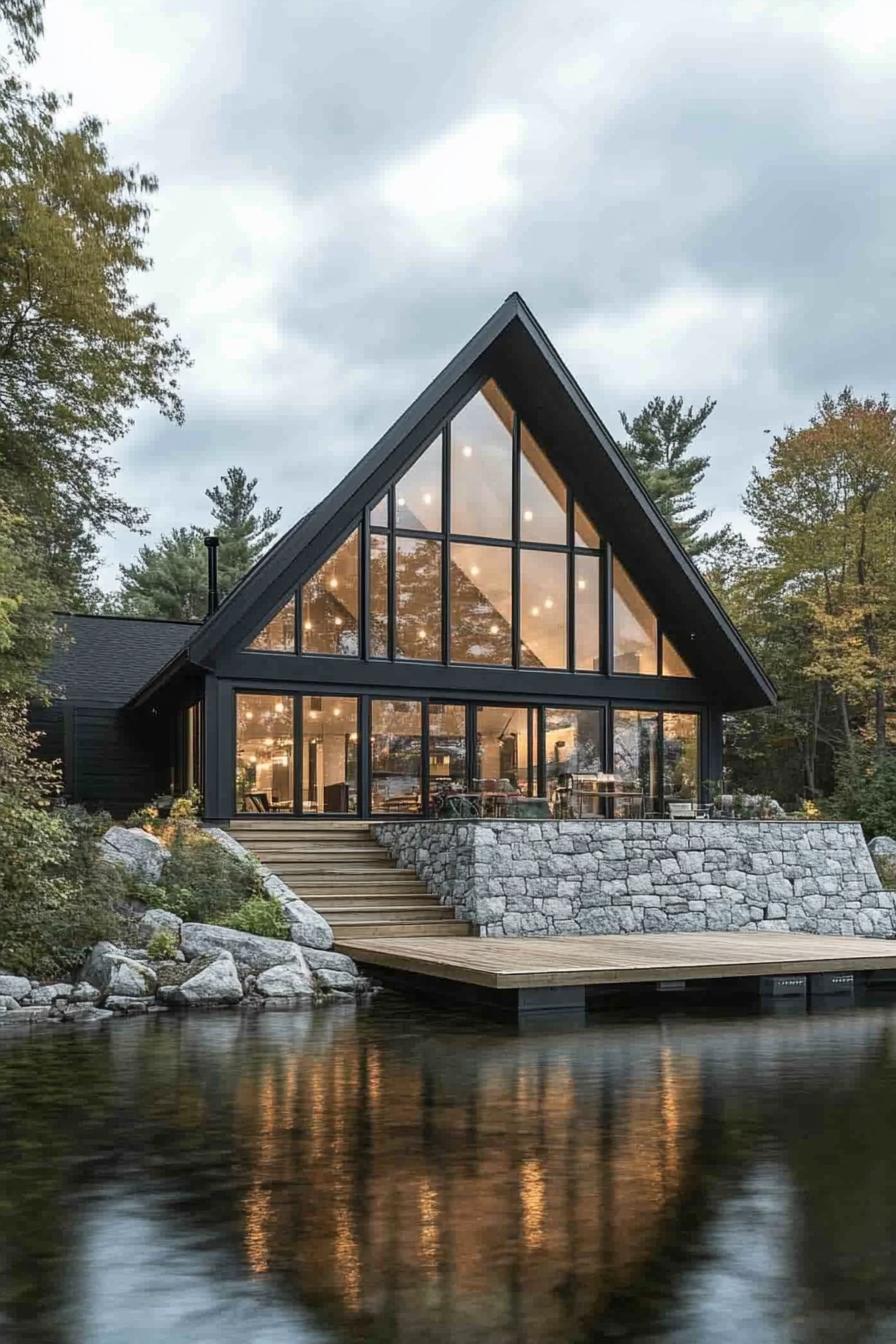 modern lakefront house with gabled roof full wall windows stone bank with stairs down to the lake dock the house gets plenty of shade by 3