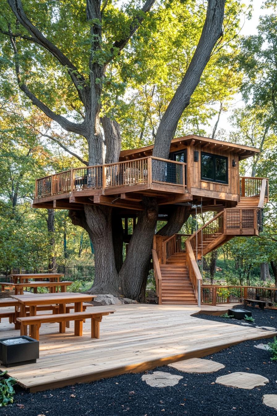 modern luxury tree house built in a large tree on two levels it has a deck with benches on a ground level and wooden stairs with railings leading to 1