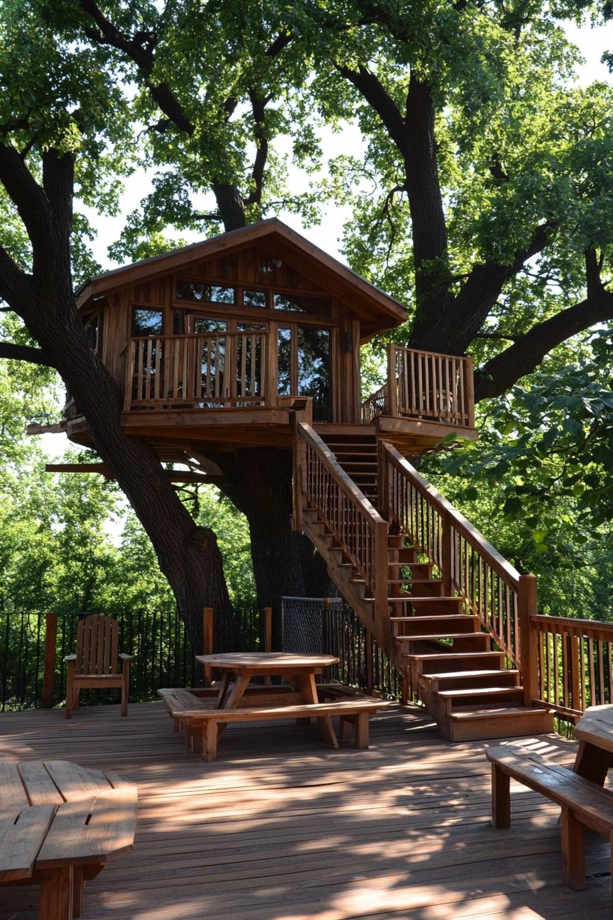 modern luxury tree house built in a large tree on two levels it has a deck with benches on a ground level and wooden stairs with railings leading to 2