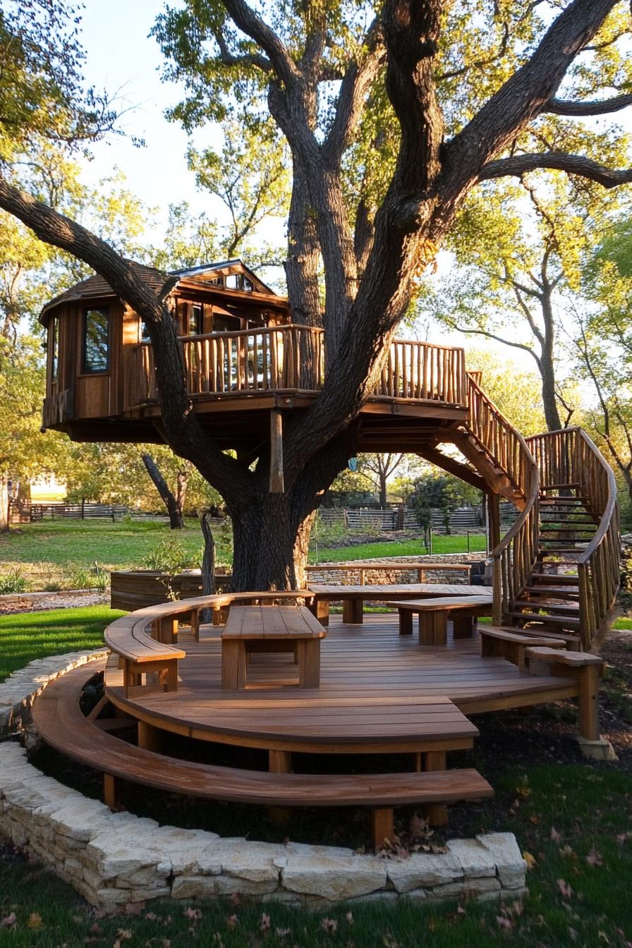 modern luxury tree house built in a large tree on two levels it has a deck with benches on a ground level and wooden stairs with railings leading to 3