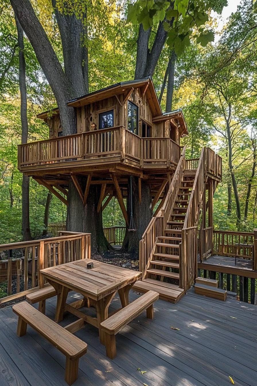 modern luxury tree house built in a large tree on two levels it has a deck with benches on a ground level and wooden stairs with railings leading to