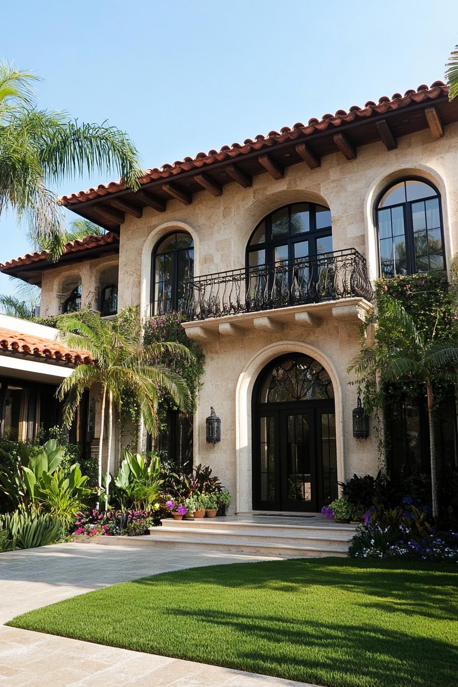 modern mexican house with travertine siding terra cotta roof modern windows in black trim arched doorways balconies with black railings sparce 1