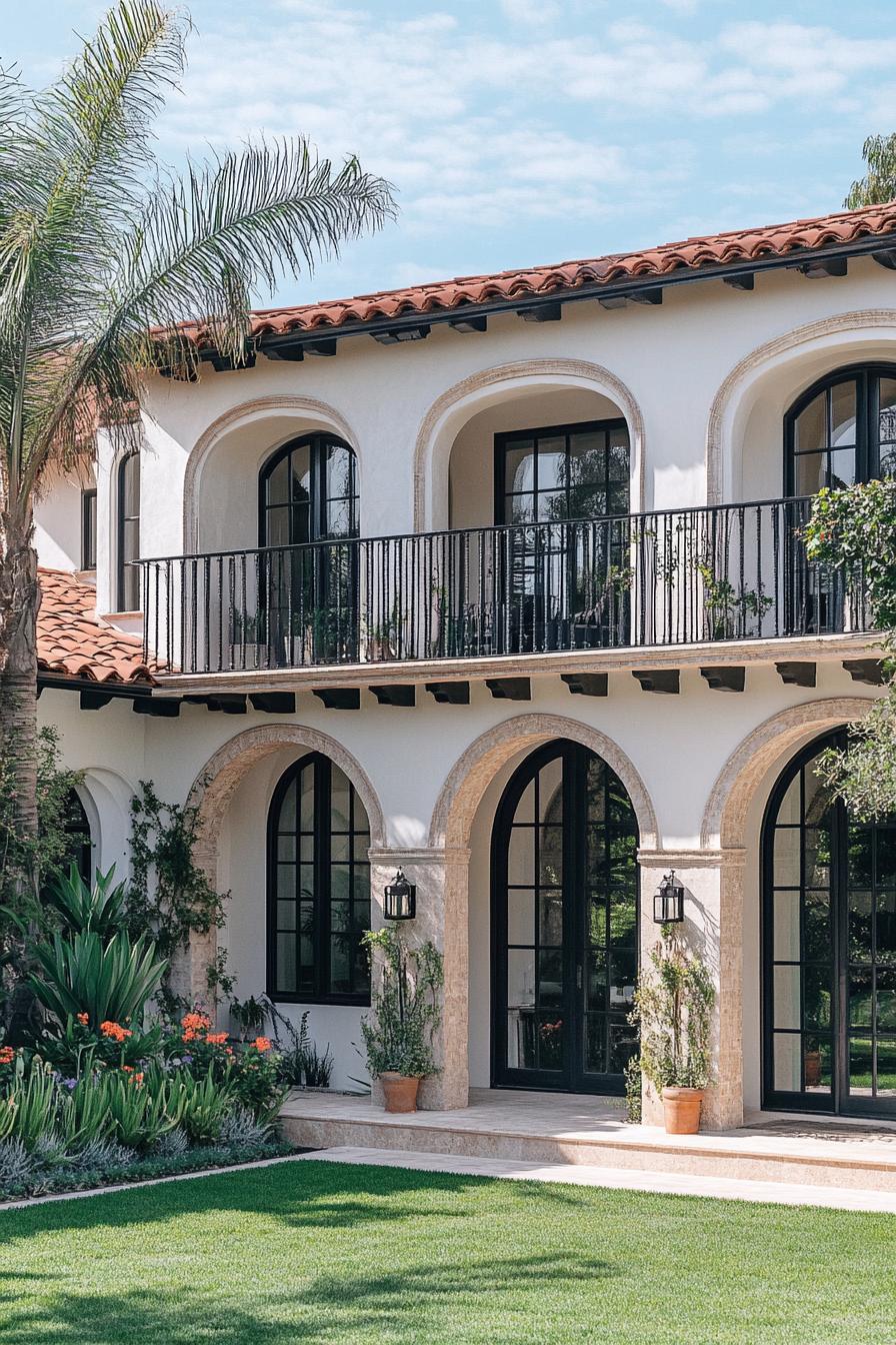 modern mexican house with travertine siding terra cotta roof modern windows in black trim arched doorways balconies with black railings sparce 2