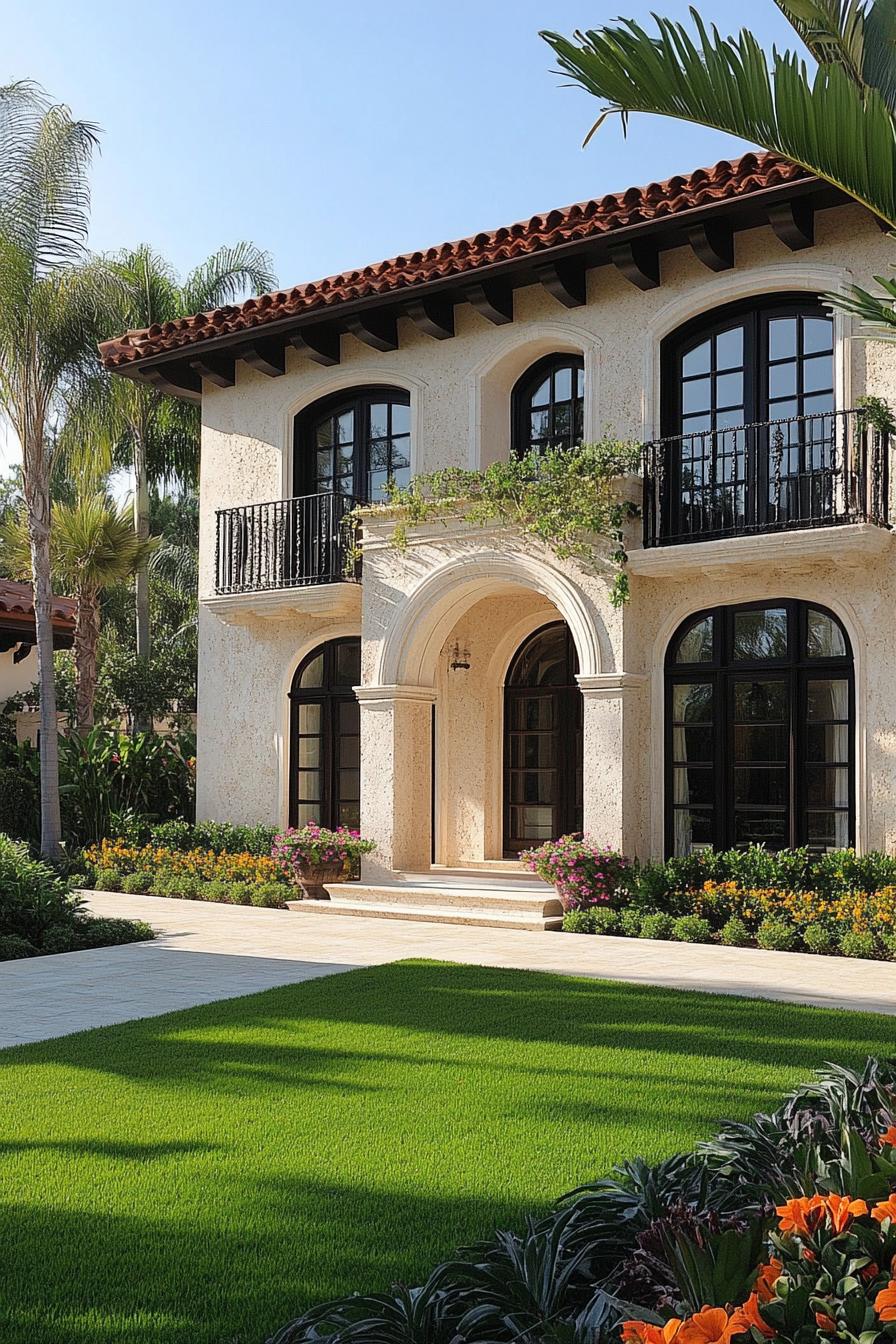 modern mexican house with travertine siding terra cotta roof modern windows in black trim arched doorways balconies with black railings sparce 3