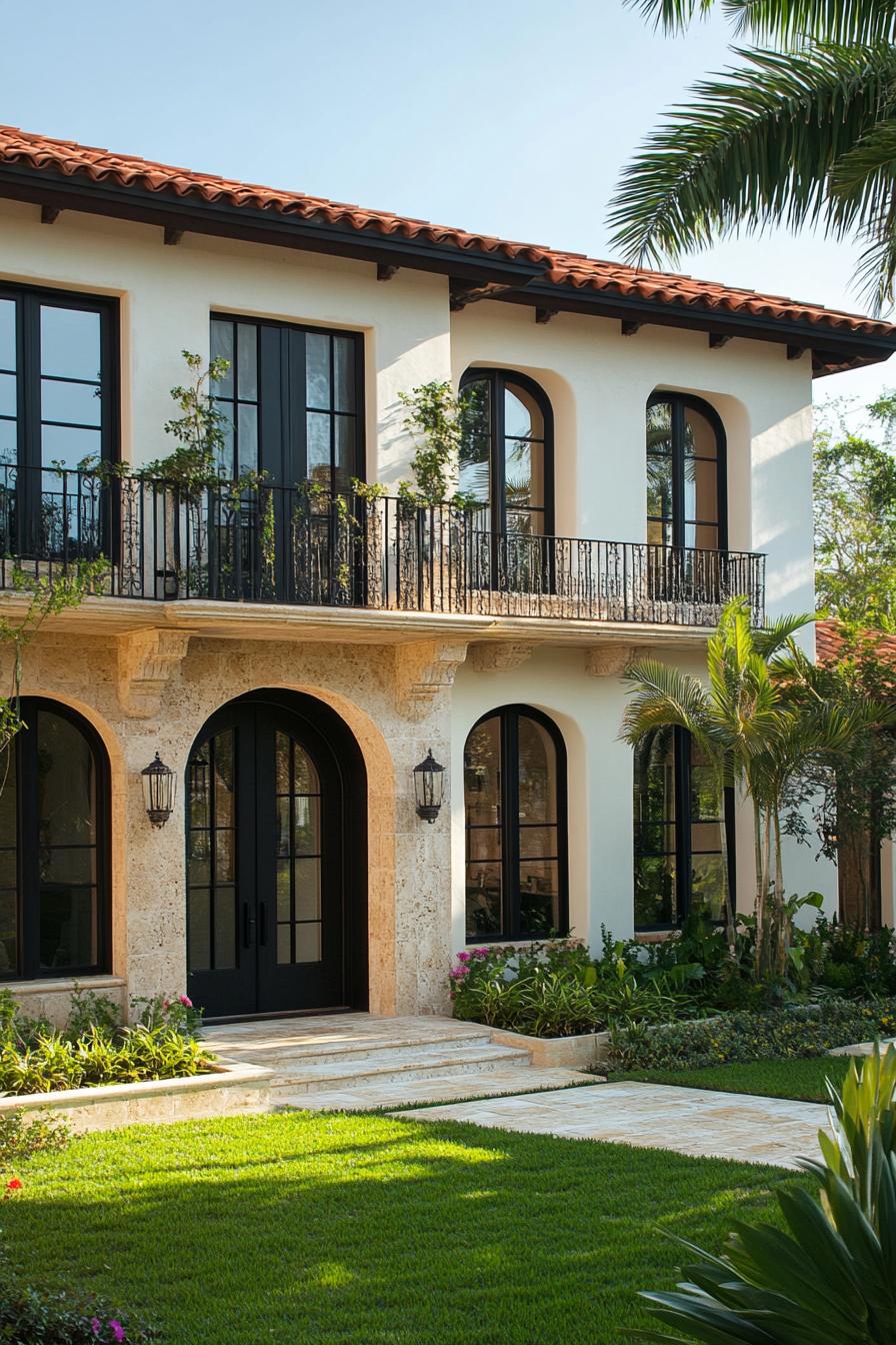 modern mexican house with travertine siding terra cotta roof modern windows in black trim arched doorways balconies with black railings sparce