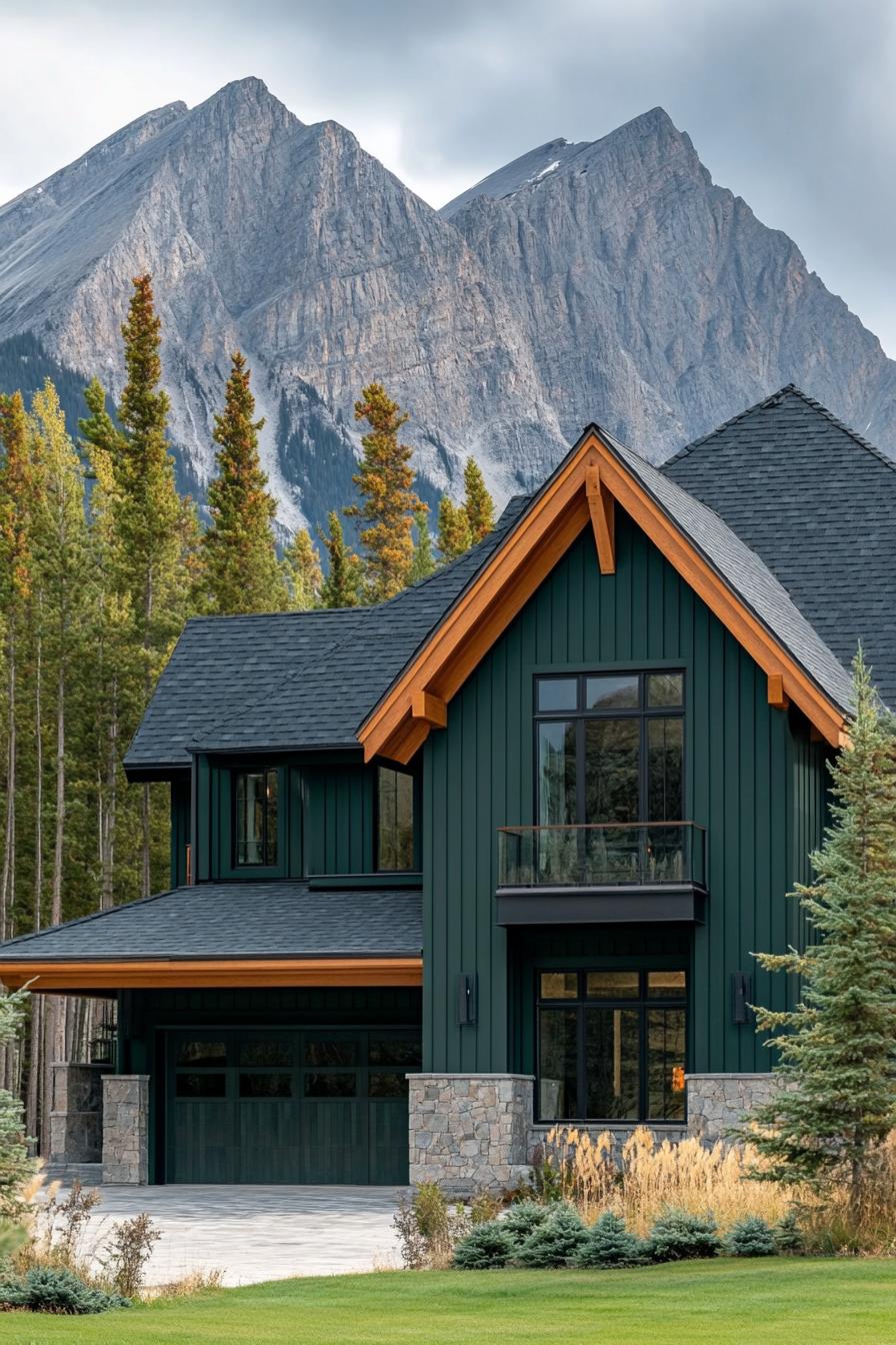 modern mountain bungalow facade hunter green with wooden siding and stone accents imposing mountain in the background 1