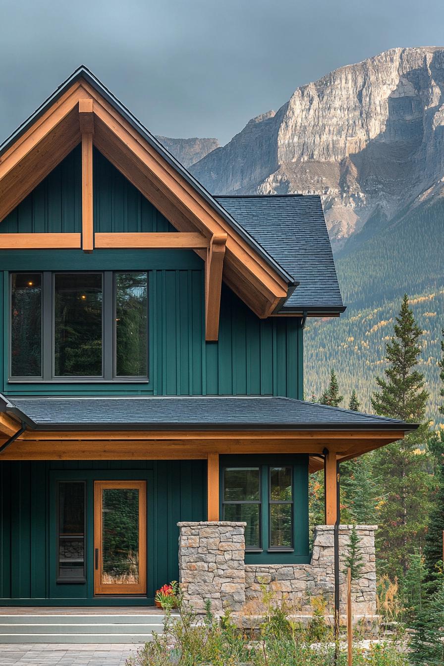 modern mountain bungalow facade hunter green with wooden siding and stone accents imposing mountain in the background 2