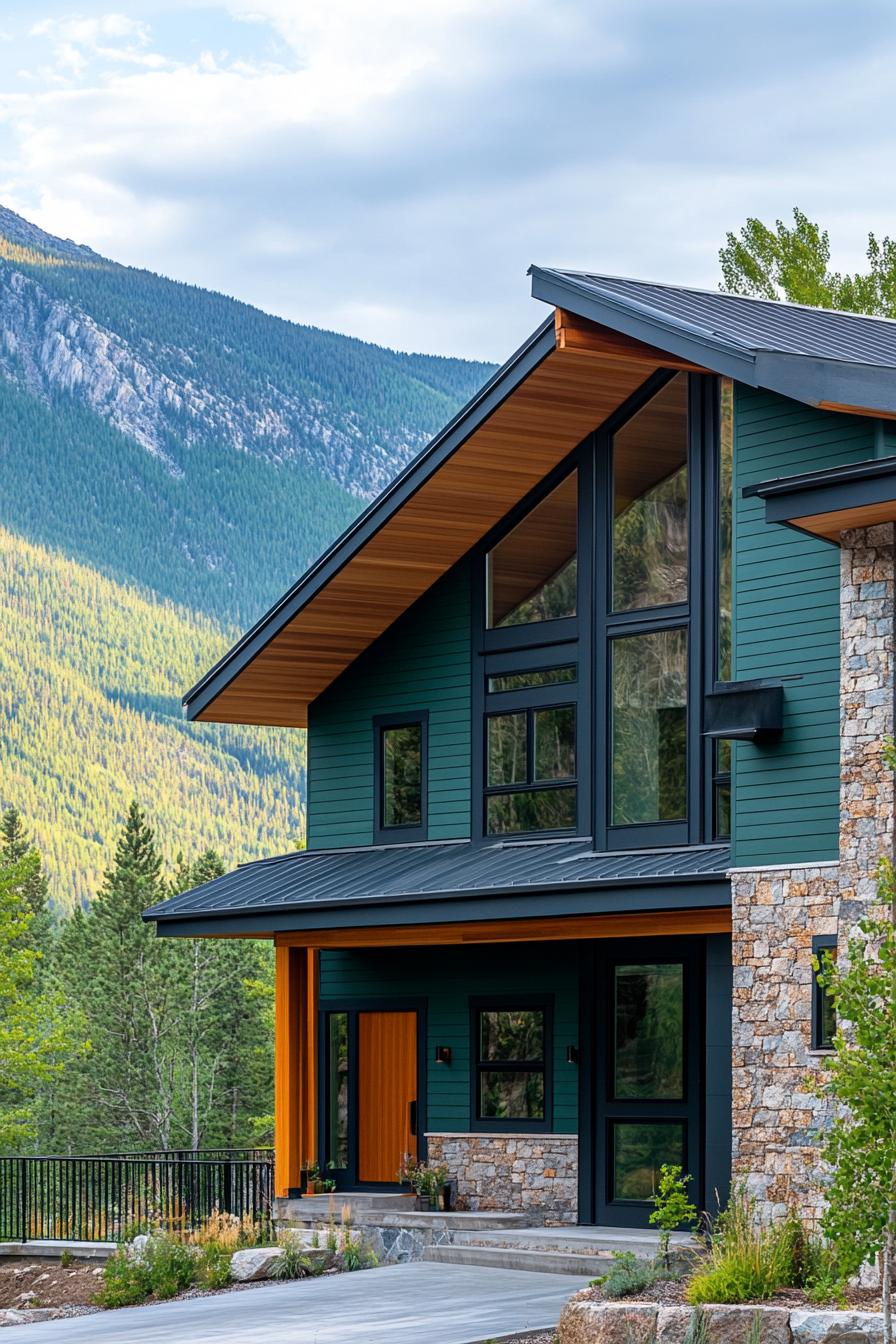 modern mountain bungalow facade hunter green with wooden siding and stone accents imposing mountain in the background 3