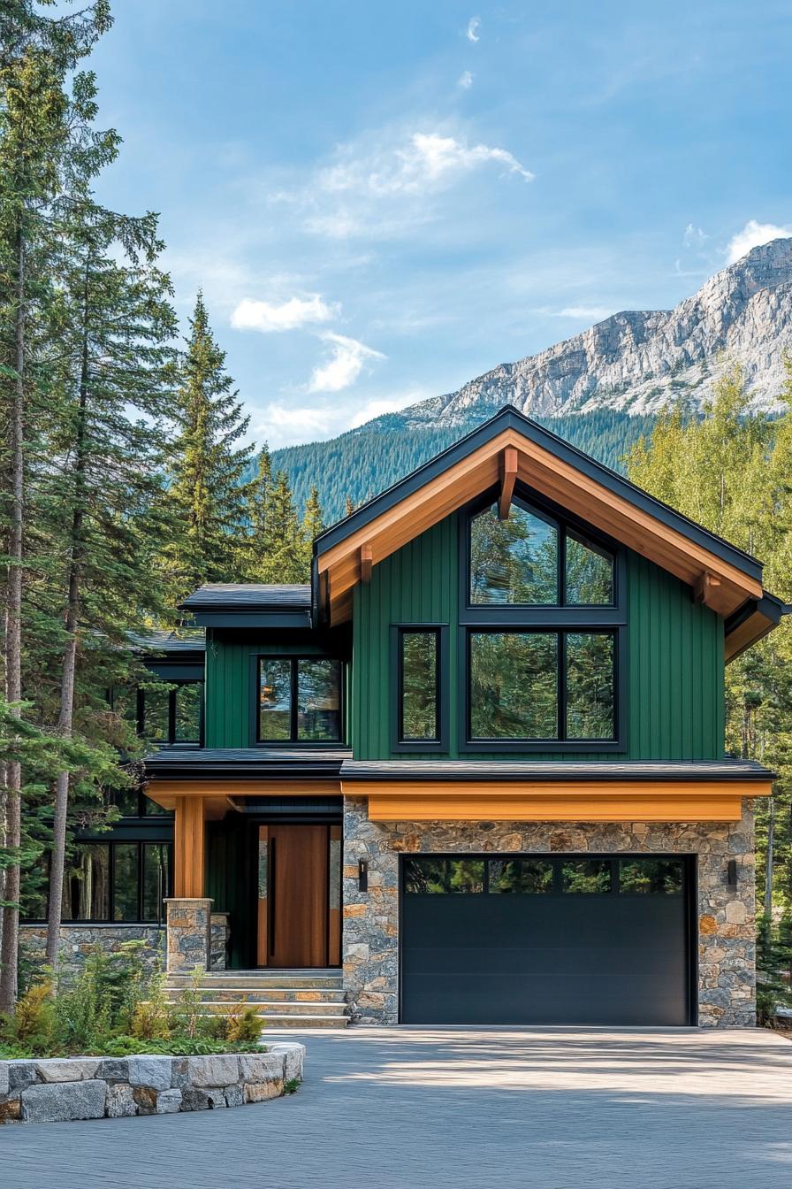 modern mountain bungalow facade hunter green with wooden siding and stone accents imposing mountain in the background