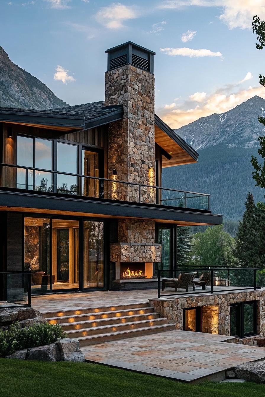 modern mountain chalet with stone and wood siding large modern windows stone chimney raised paved deck with steps mountain range in the background 1