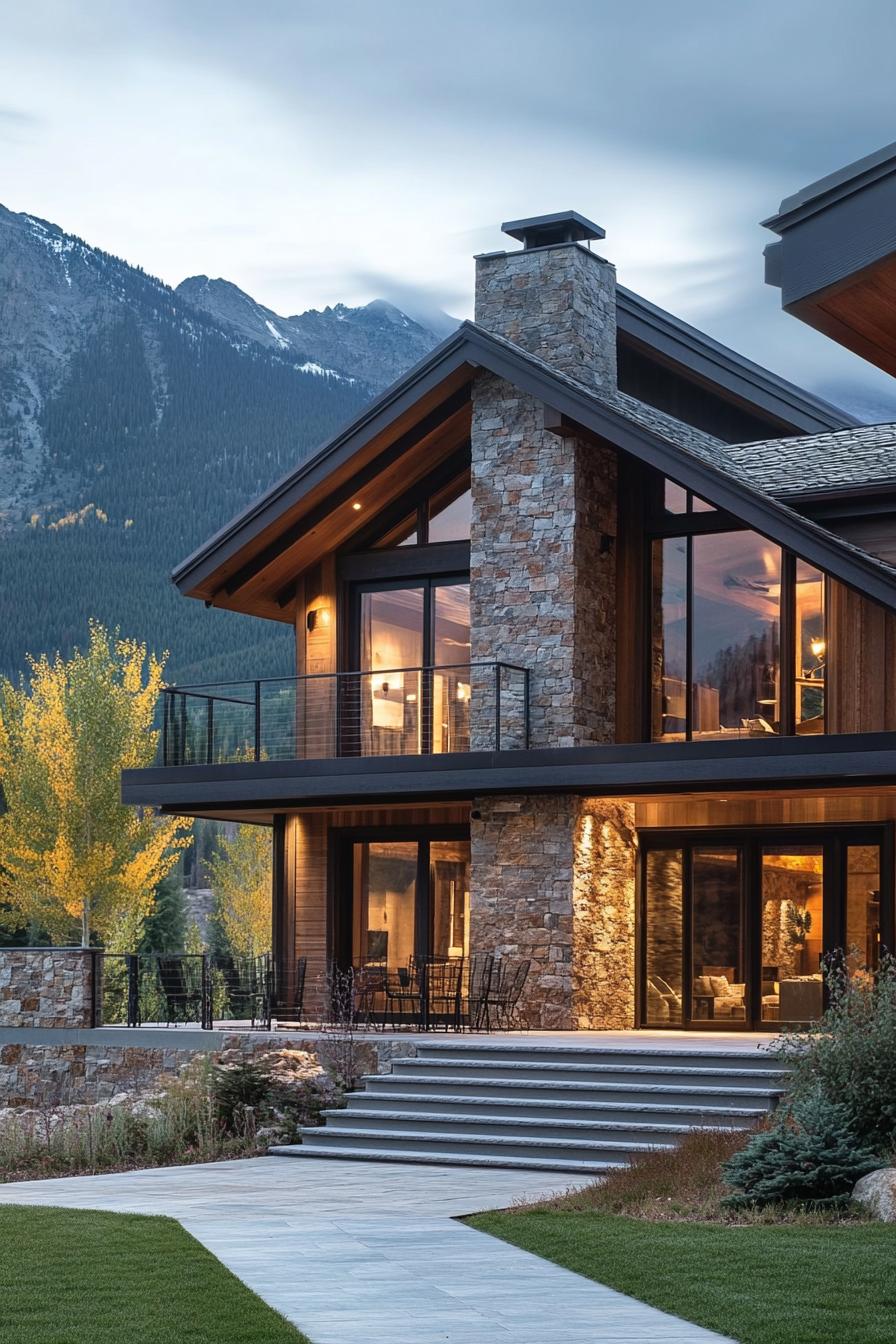 modern mountain chalet with stone and wood siding large modern windows stone chimney raised paved deck with steps mountain range in the background 2