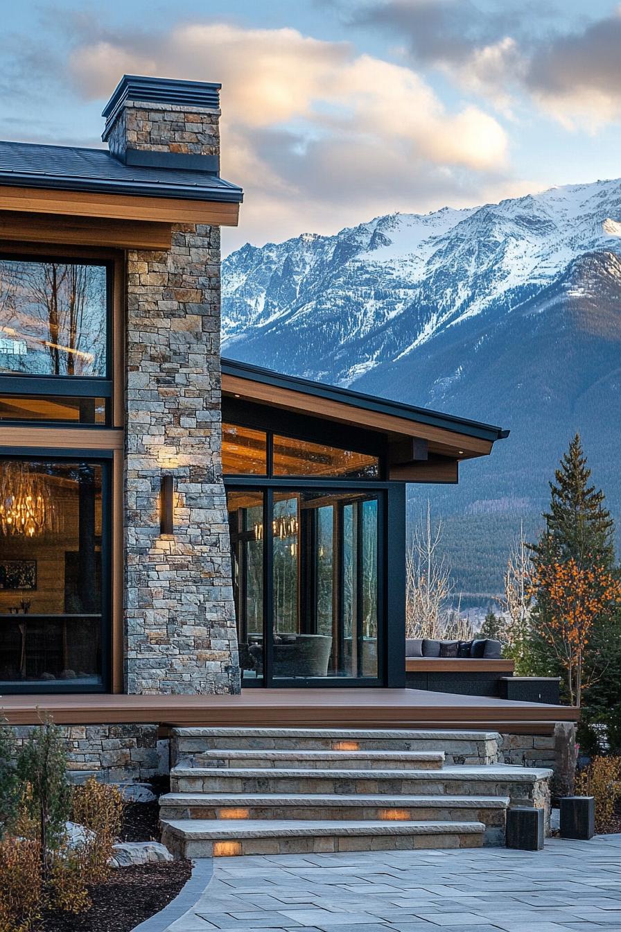 modern mountain chalet with stone and wood siding large modern windows stone chimney raised paved deck with steps mountain range in the background