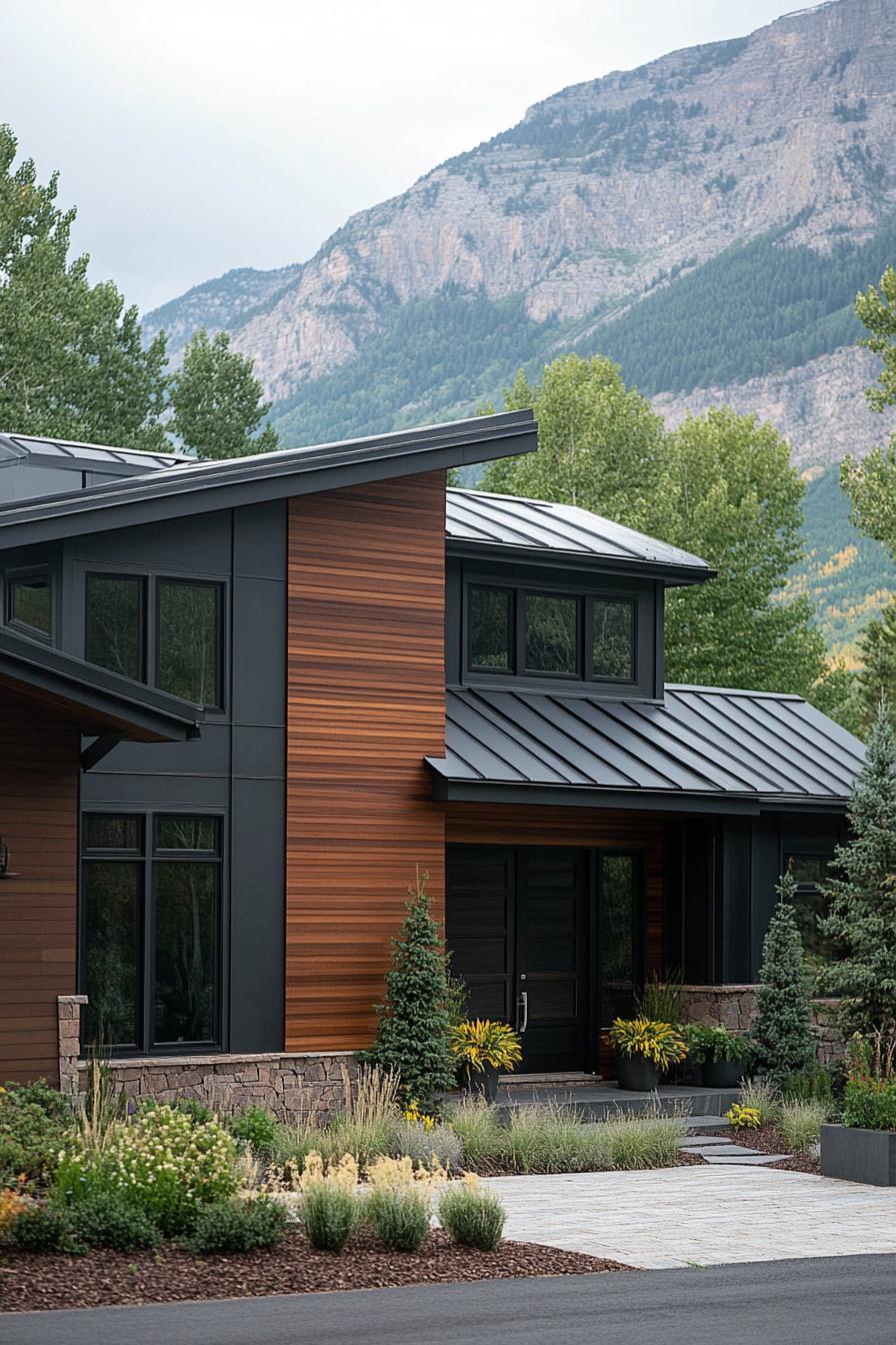 modern mountain house facade with dark grey sliding accent walnut wood slatted wall dark grey window trim and door metal roof mulched frontyard 1