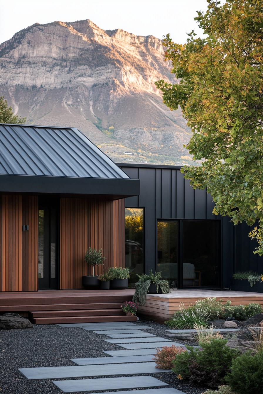 modern mountain house facade with dark grey sliding accent walnut wood slatted wall dark grey window trim and door metal roof mulched frontyard 2