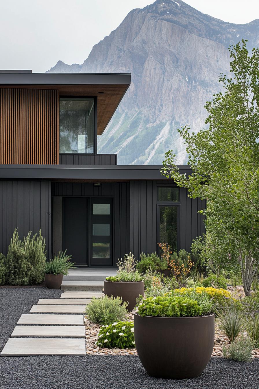 modern mountain house facade with dark grey sliding accent walnut wood slatted wall dark grey window trim and door metal roof mulched frontyard 3