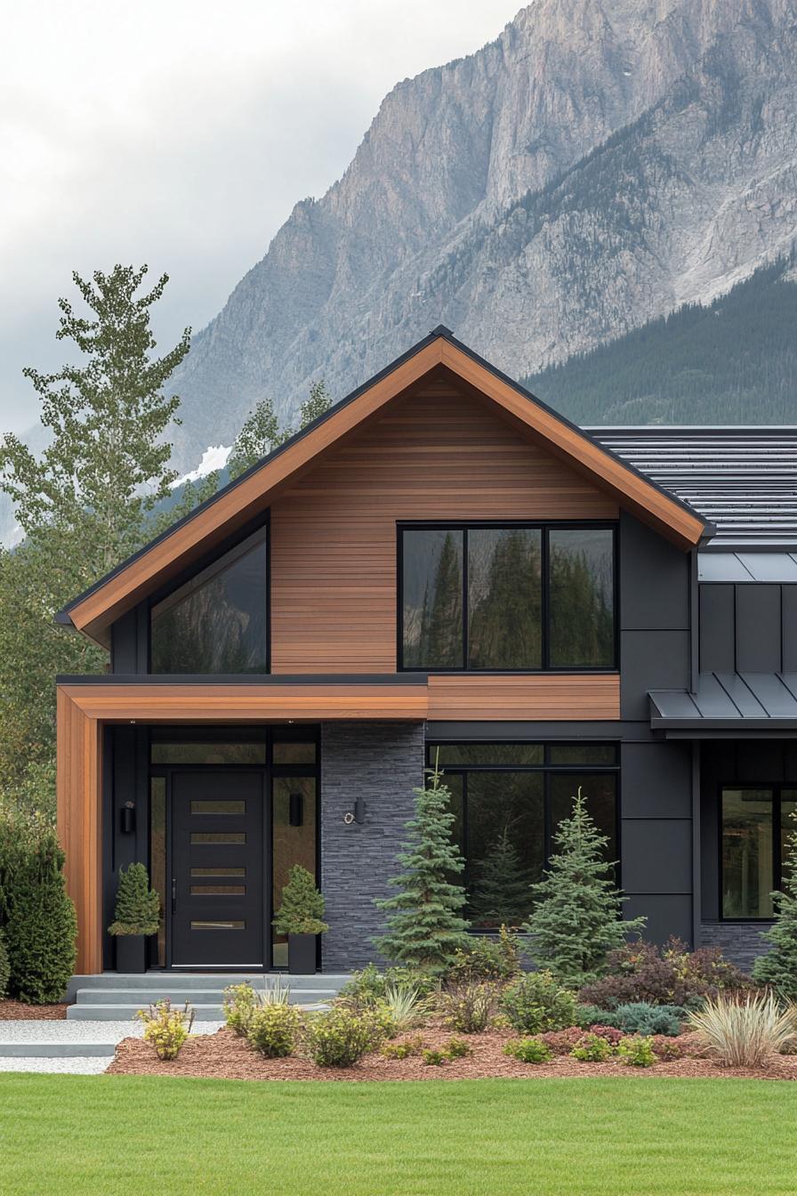 modern mountain house facade with dark grey sliding accent walnut wood slatted wall dark grey window trim and door metal roof mulched frontyard