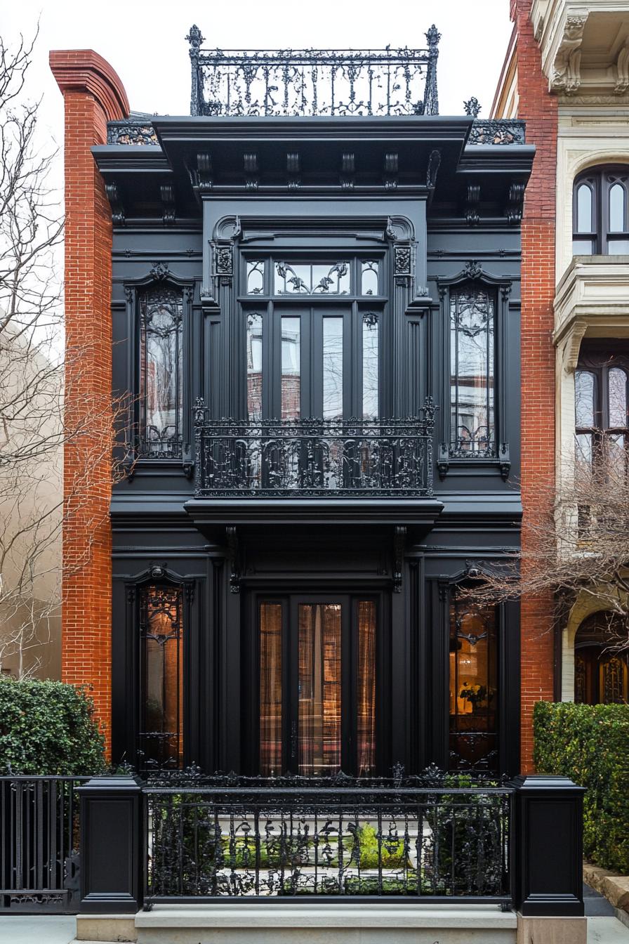 modern neo Victorian style house facade with steampunk ironwork details 1