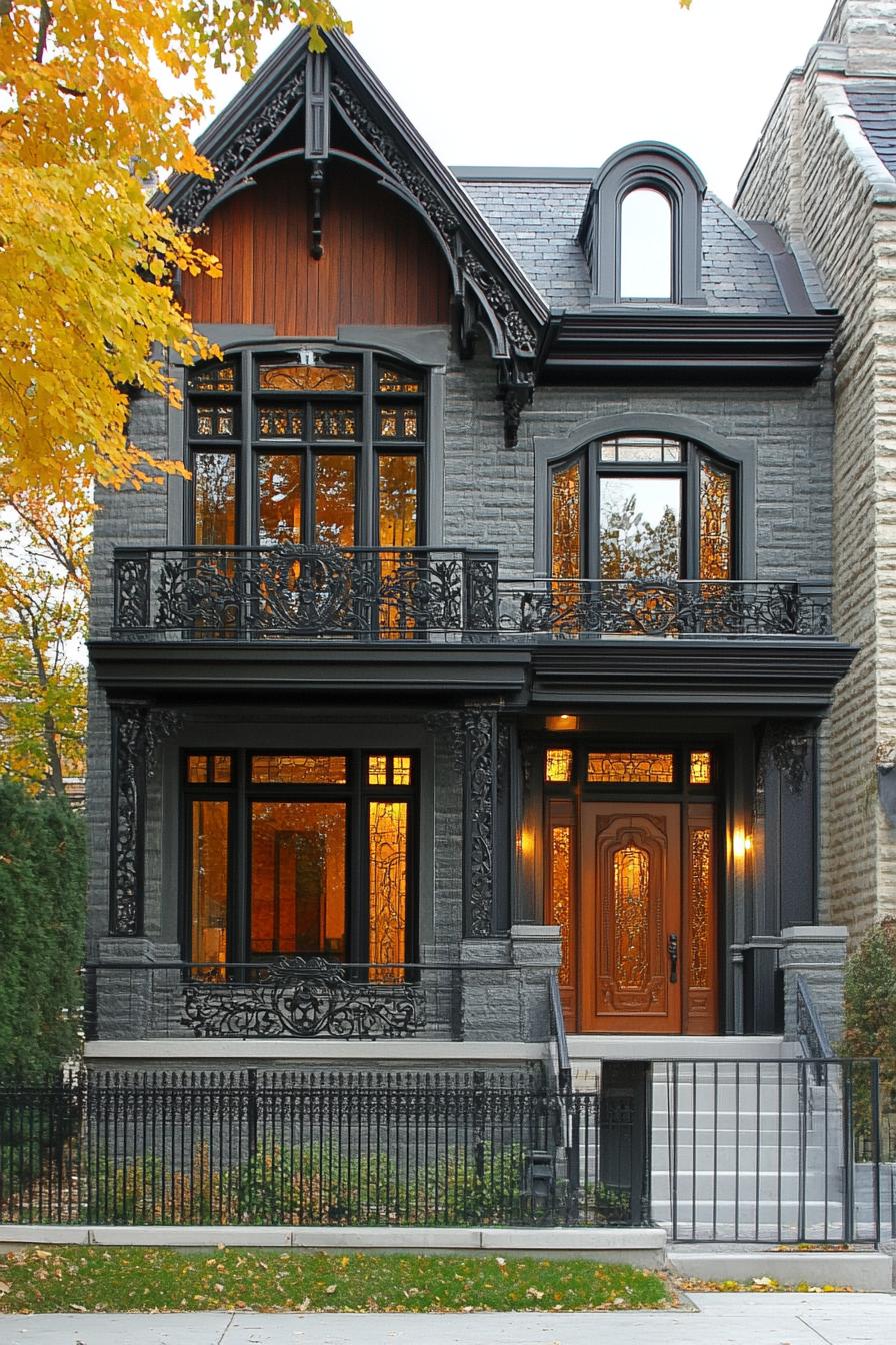 modern neo Victorian style house facade with steampunk ironwork details 2