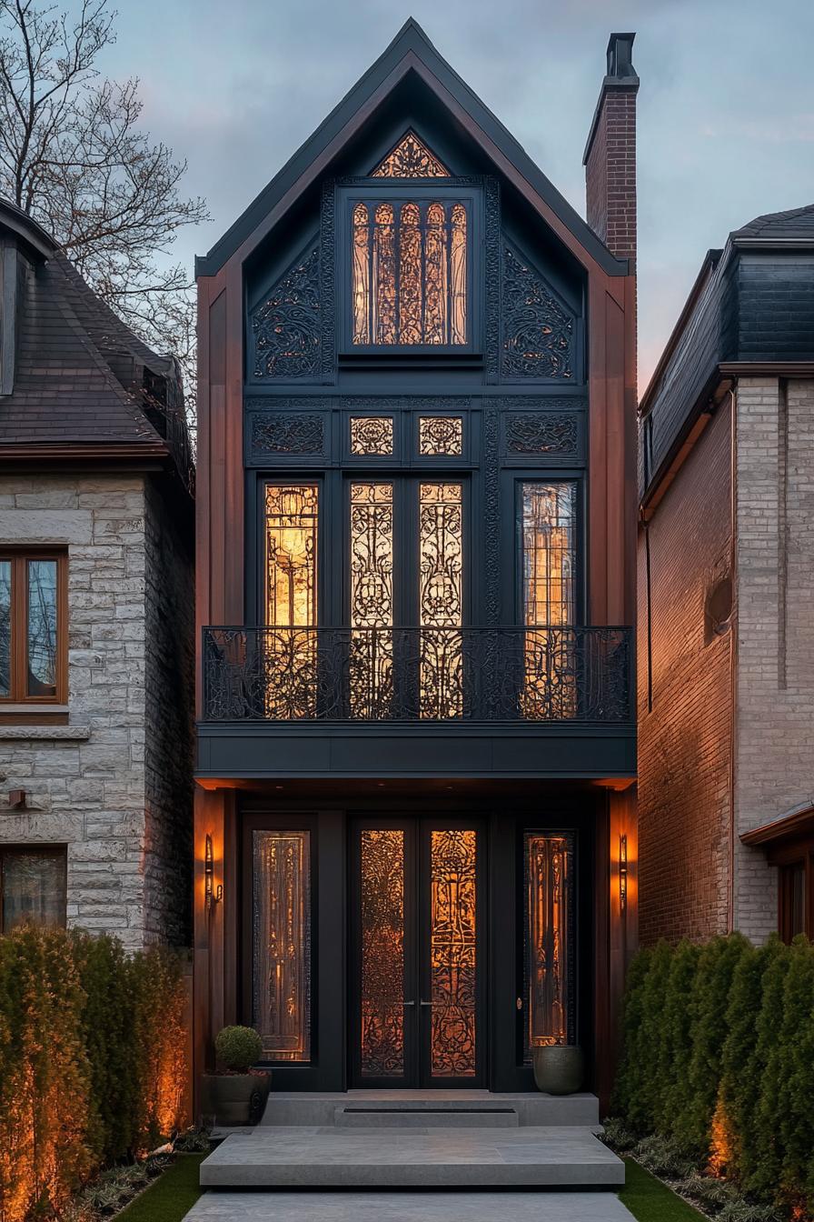 modern neo Victorian style house facade with steampunk ironwork details