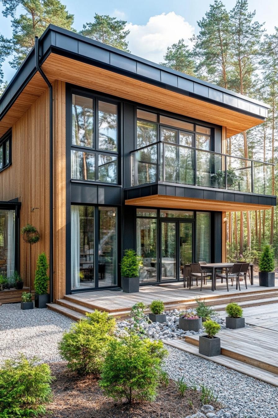 modern nordic house with veritcal wooden siding large windows small patio shrubs gravel lining in a forest 1