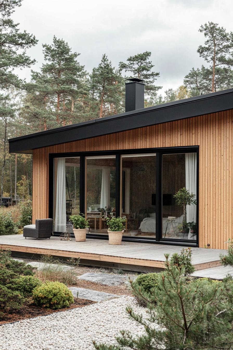 modern nordic house with veritcal wooden siding large windows small patio shrubs gravel lining in a forest