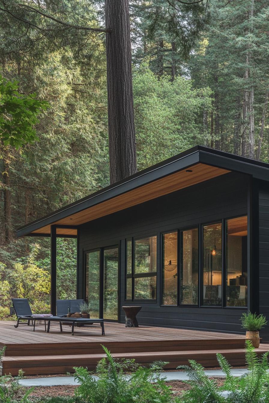 modern prefab small house facade with charcoal black shiplap siding large black trim windows flat roof extending over a wooden deck with beams and 1