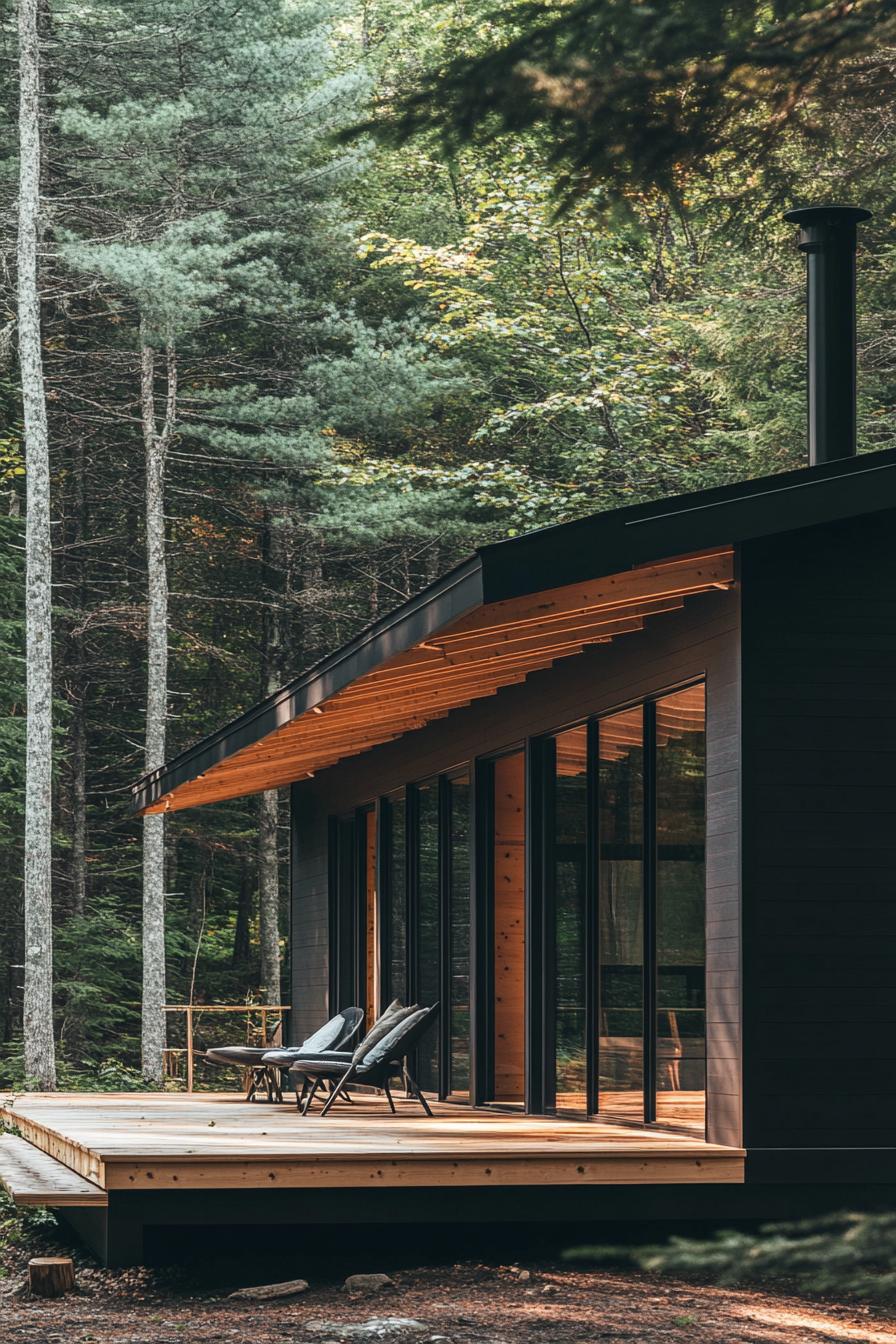 modern prefab small house facade with charcoal black shiplap siding large black trim windows flat roof extending over a wooden deck with beams and 2