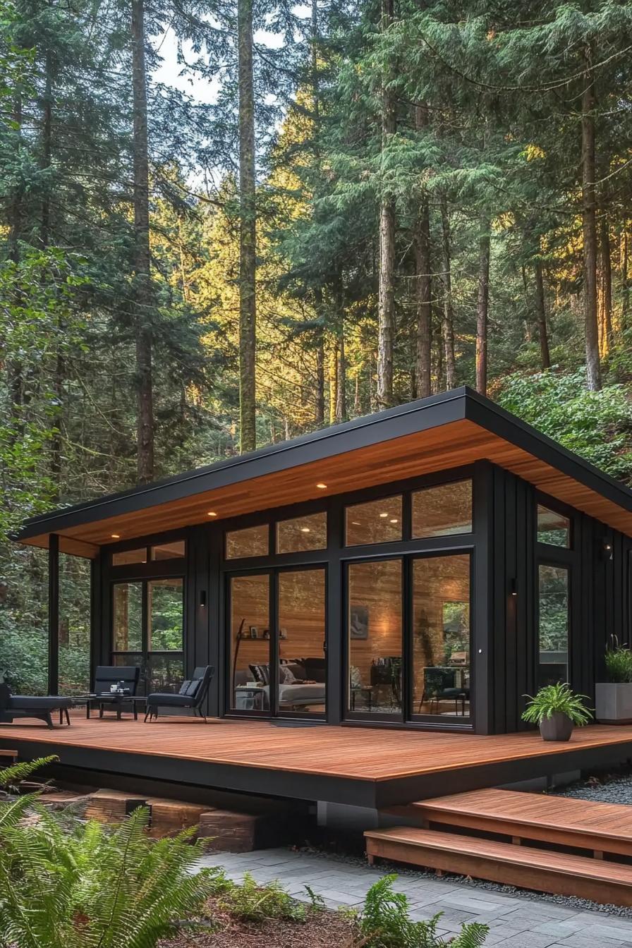 modern prefab small house facade with charcoal black shiplap siding large black trim windows flat roof extending over a wooden deck with beams and 3