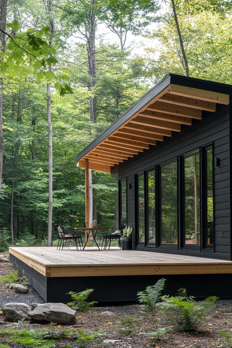 modern prefab small house facade with charcoal black shiplap siding large black trim windows flat roof extending over a wooden deck with beams and