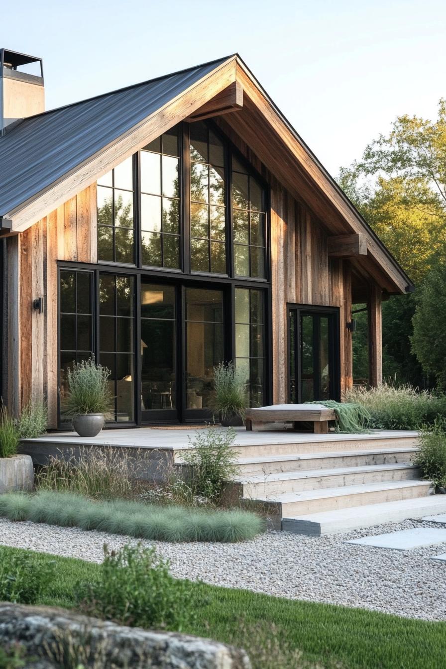 modern rustic house with natural wood siding large black windows sloped white roof porch with wooden beams and steps gravel and grass landscape 1