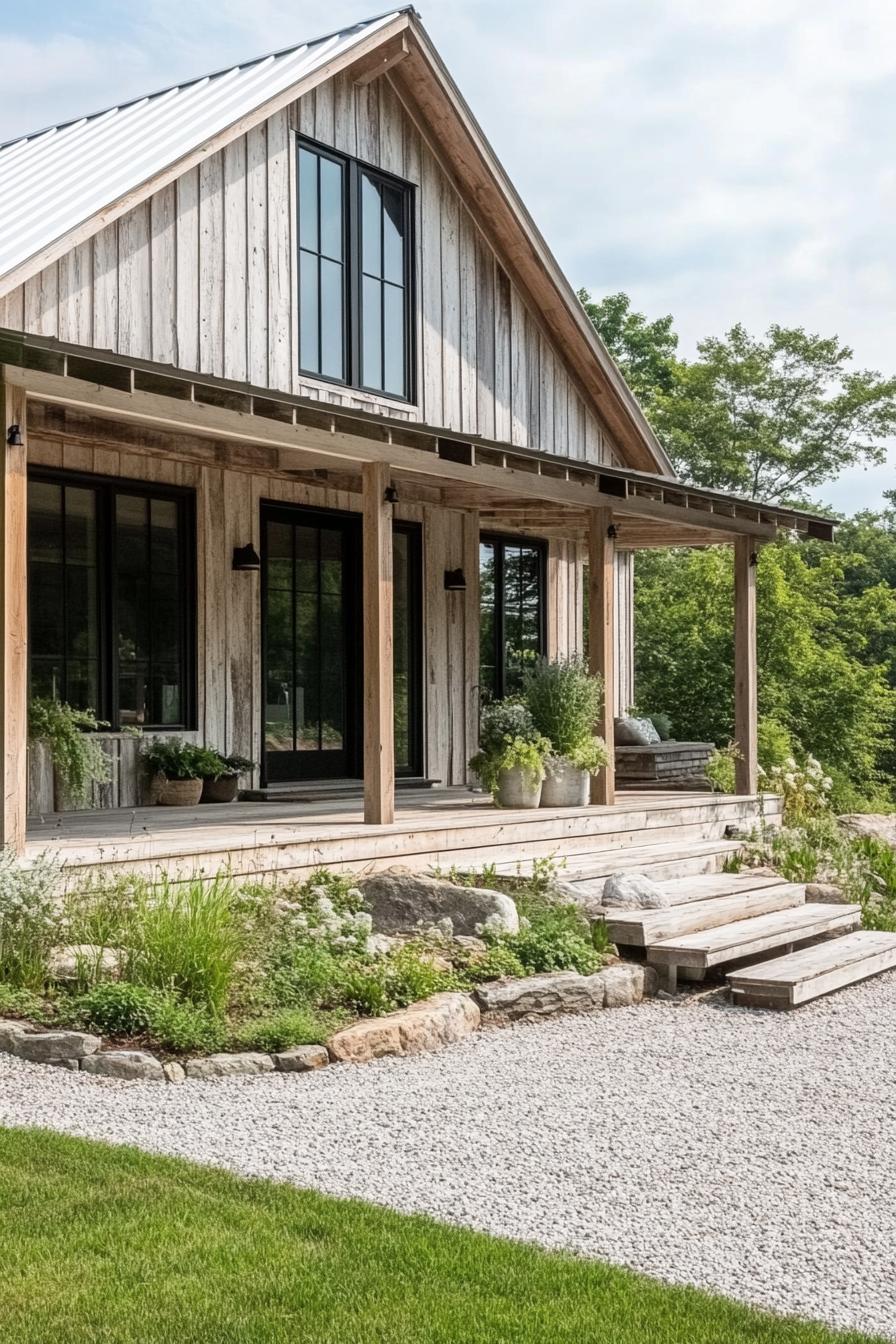 modern rustic house with natural wood siding large black windows sloped white roof porch with wooden beams and steps gravel and grass landscape 2