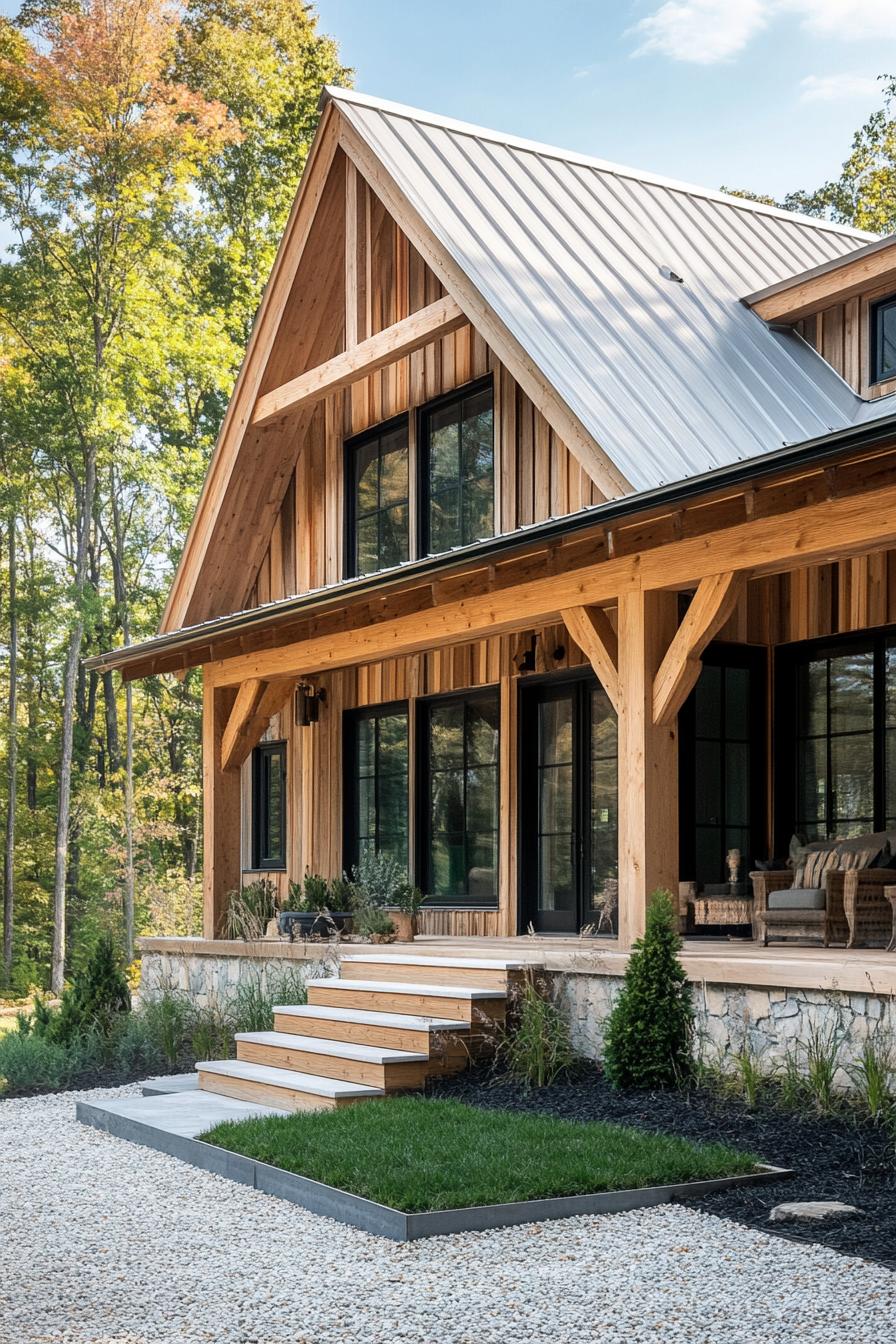 modern rustic house with natural wood siding large black windows sloped white roof porch with wooden beams and steps gravel and grass landscape