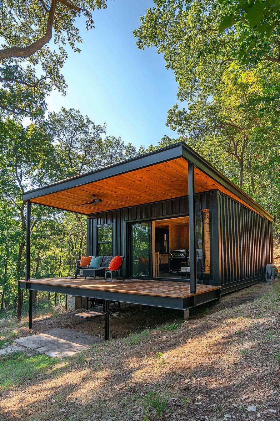 modern shipping container cabin with shed roof and porch