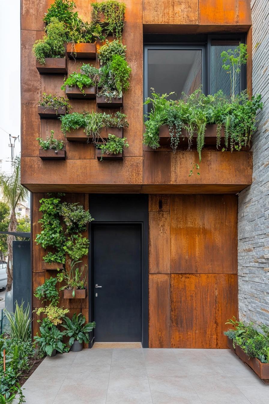 modern terraced house front entrance wall with hanging and tiered planters 1