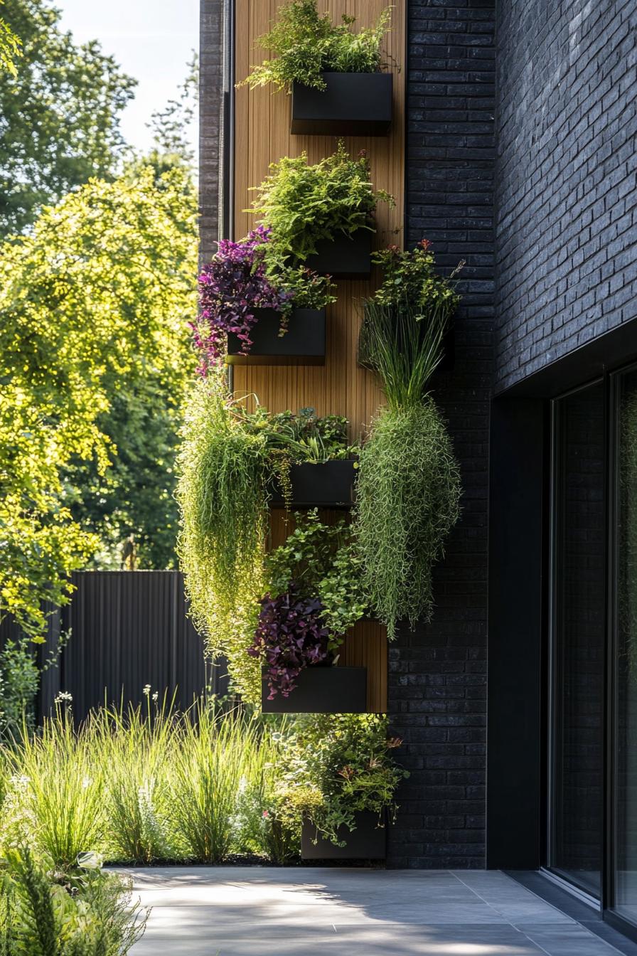 modern terraced house front entrance wall with hanging and tiered planters 2