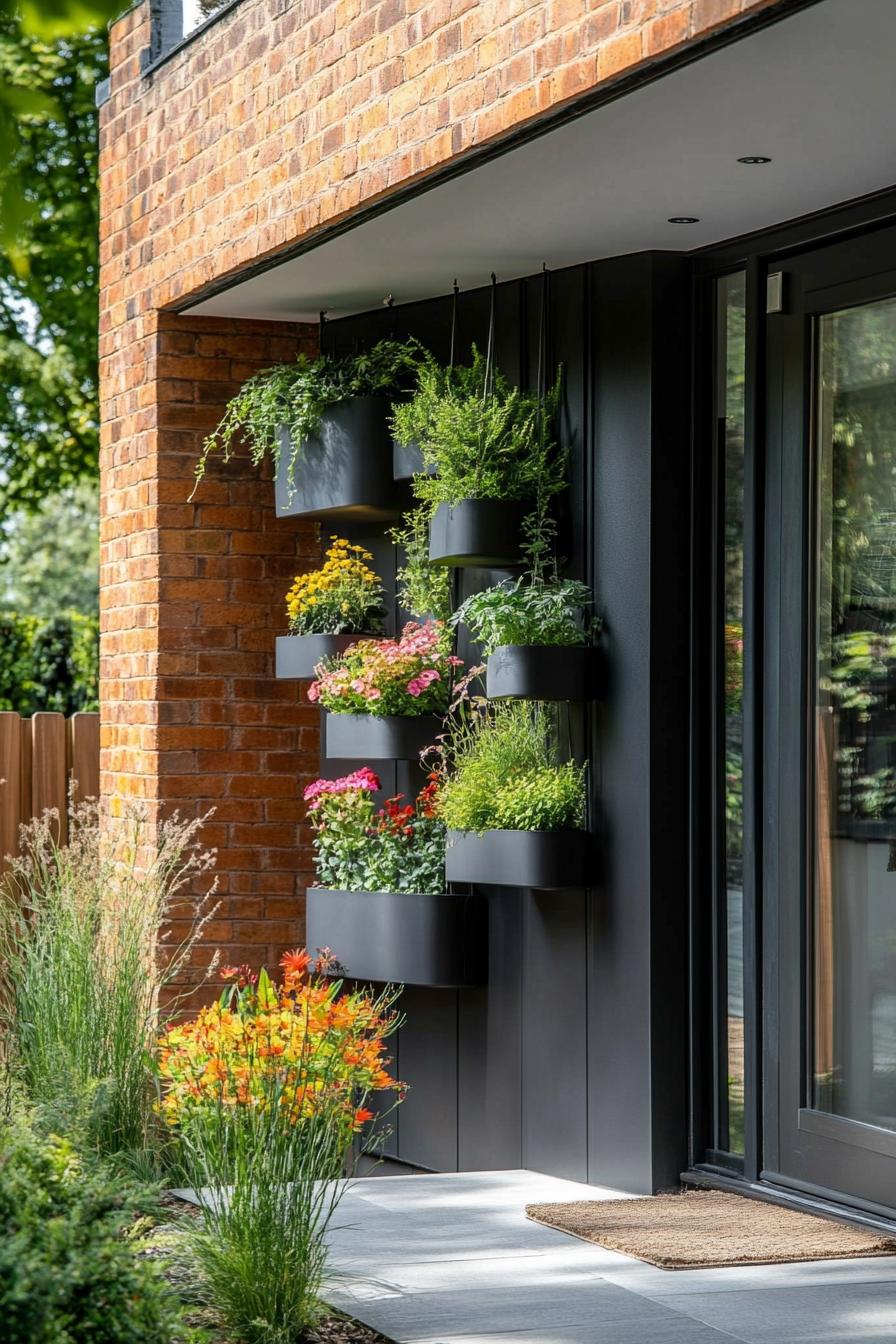 modern terraced house front entrance wall with hanging and tiered planters