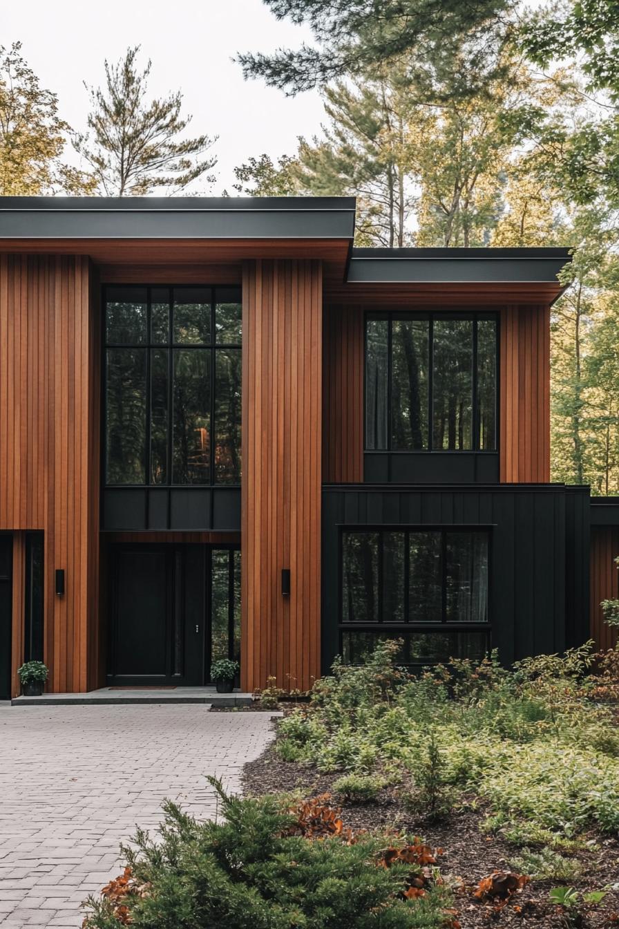 modern timber frame house facade with vertical cedar cladding and sleek black metal accents 1