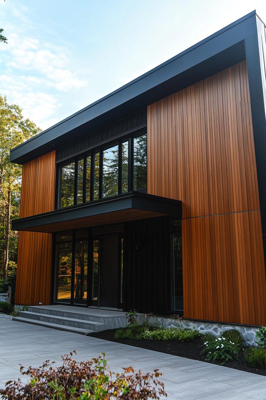 modern timber frame house facade with vertical cedar cladding and sleek black metal accents 2