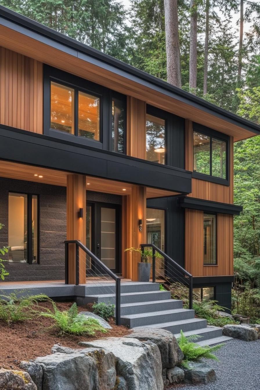 modern timber frame house facade with vertical cedar cladding and sleek black metal accents 3