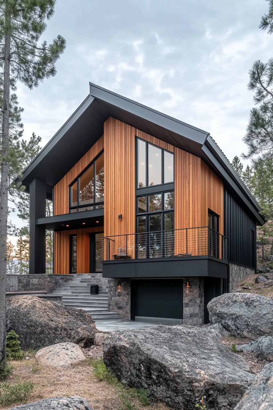 modern timber frame house facade with vertical cedar cladding and sleek black metal accents