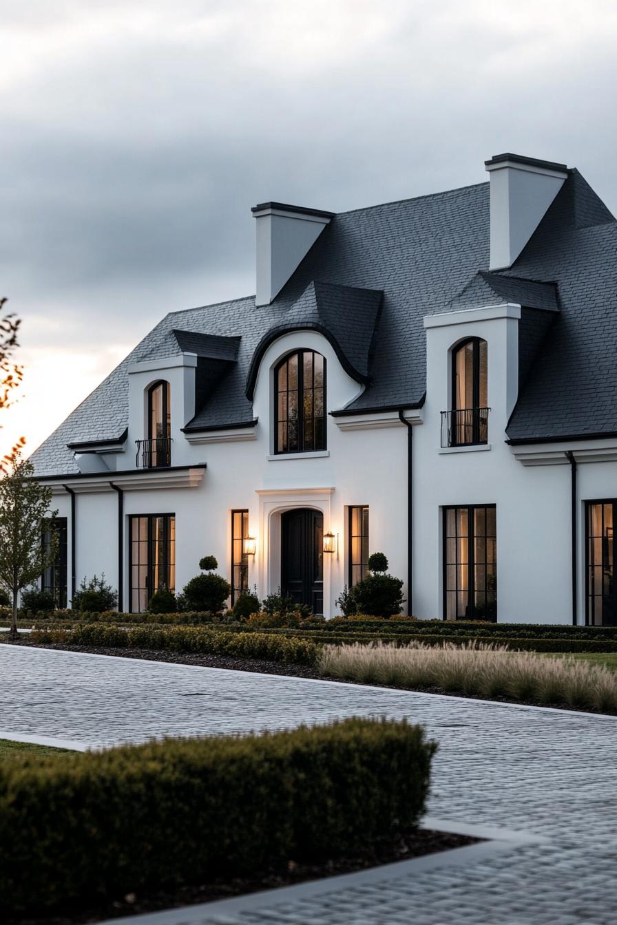 modern white french mansion with black roof landscape with pavers and shrubs