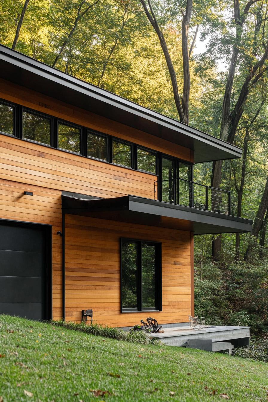 modern wood house with horizontal paneling and black steel trim hillside foundation 1