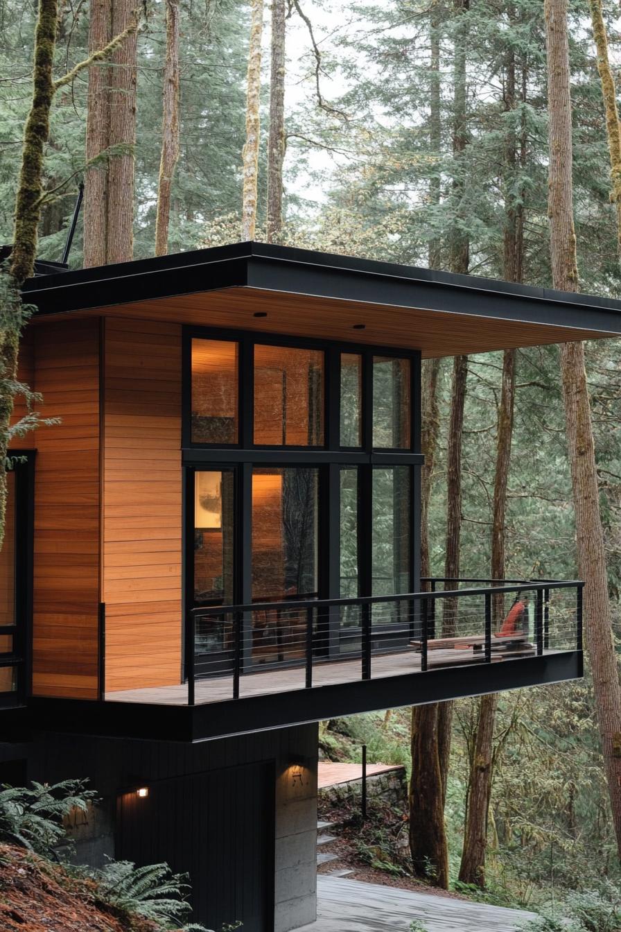 modern wood house with horizontal paneling and black steel trim hillside foundation 3