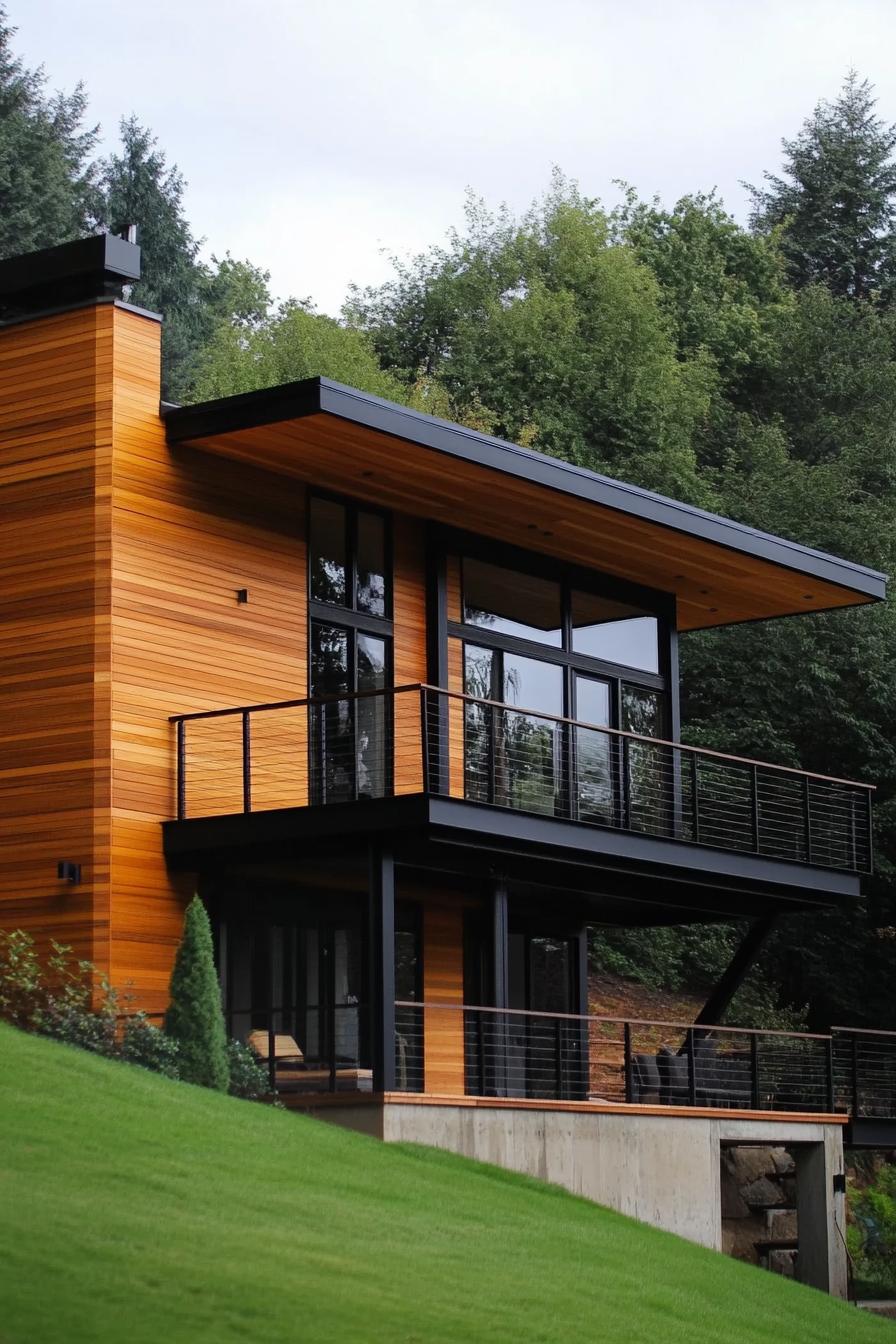 modern wood house with horizontal paneling and black steel trim hillside foundation