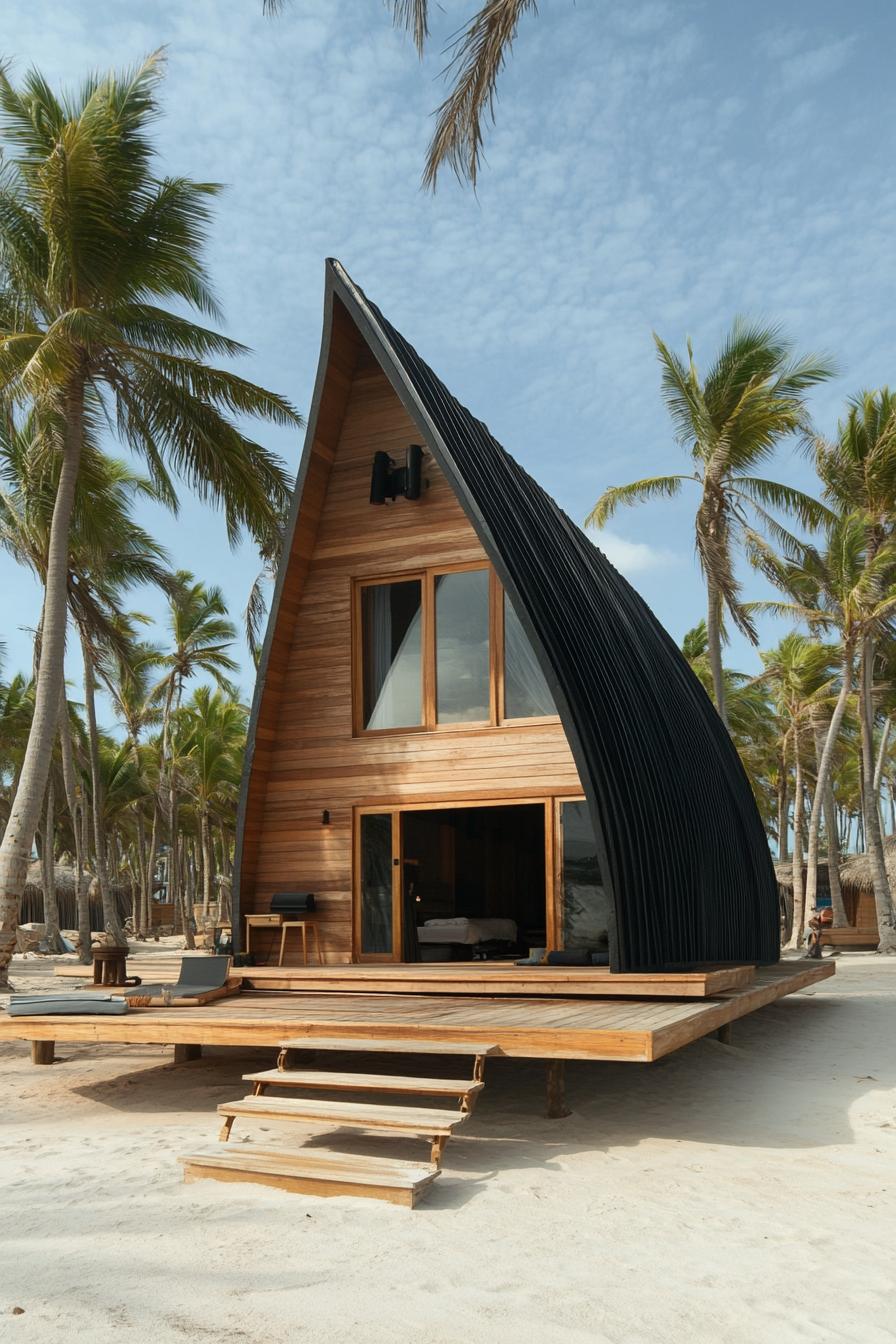 modern wooden beachfront cabin shaped like a sail with wooden deck black metal roof tall palms and sandy beach