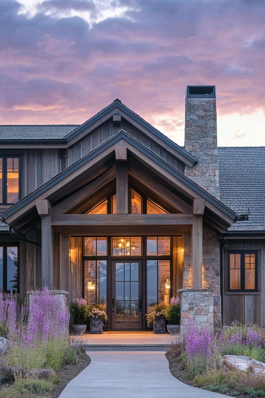 mountain house front facade with rustic wood siding front porch with stone columns and stone chimney front doors with glass panels imposing mountain in the background 1