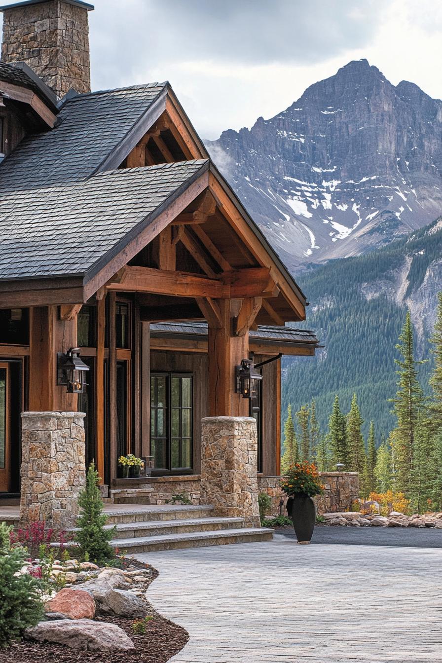 mountain house front facade with rustic wood siding front porch with stone columns and stone chimney front doors with glass panels imposing mountain in the background 2