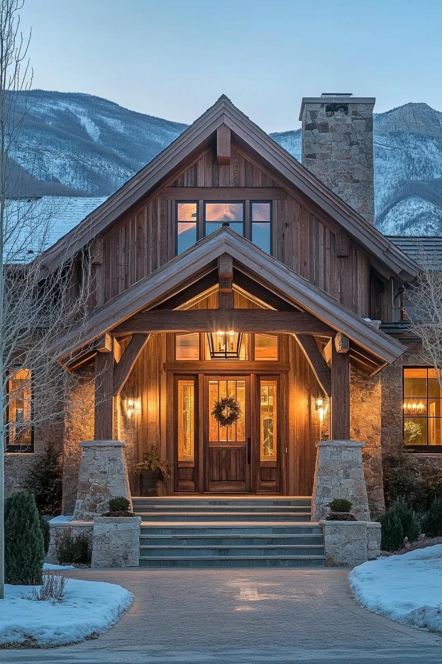 mountain house front facade with rustic wood siding front porch with stone columns and stone chimney front doors with glass panels imposing mountain in the background 3