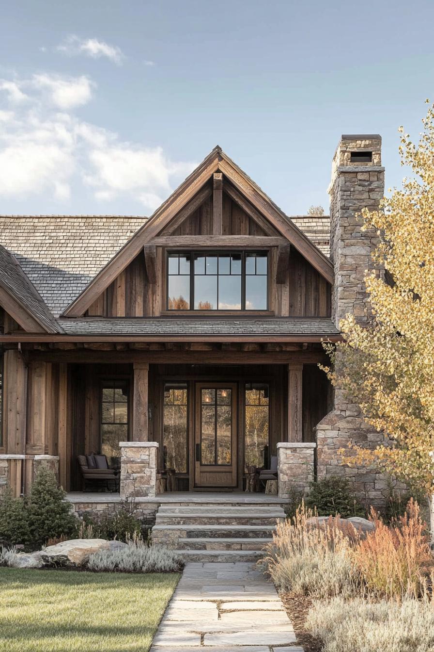 mountain house front facade with rustic wood siding front porch with stone columns and stone chimney front doors with glass panels imposing mountain in the background